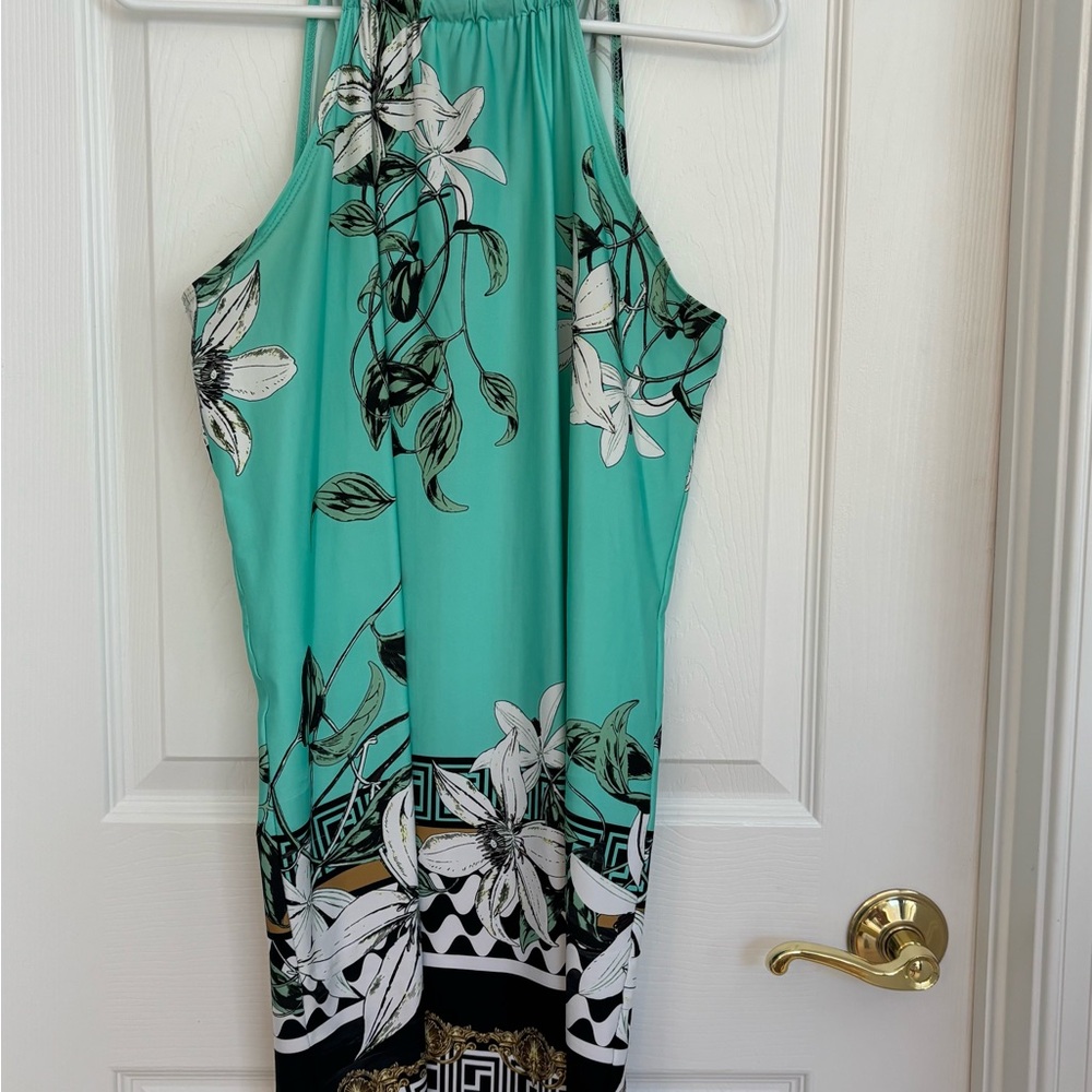 Blue and Black Halter Neck Sheath Midi Dress